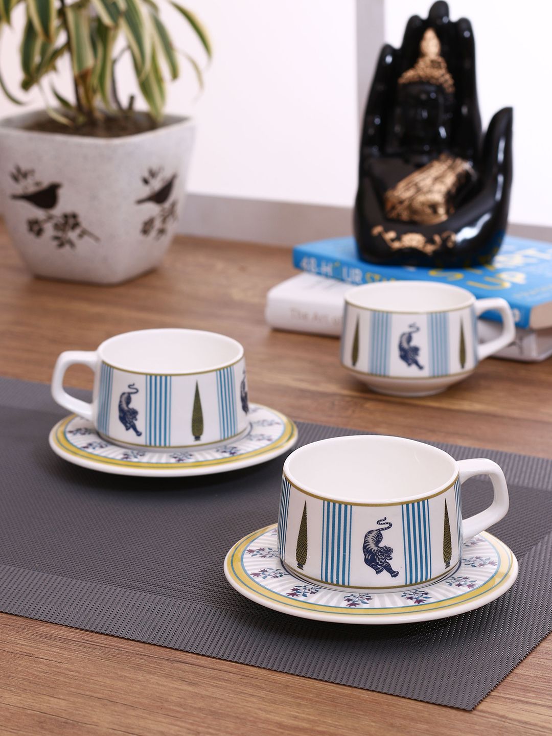 India Circus Set of 6 White & Blue Printed Ceramic Cups & Saucers Price in India