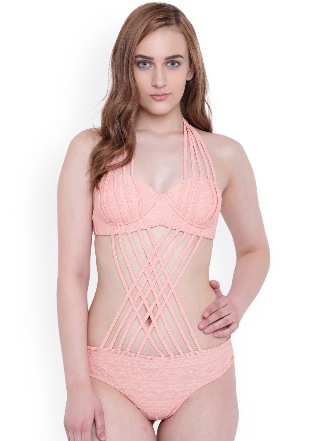 La Intimo Women Peach-Coloured Solid Swim Bikini Set LIF1P004SR0 Price in India