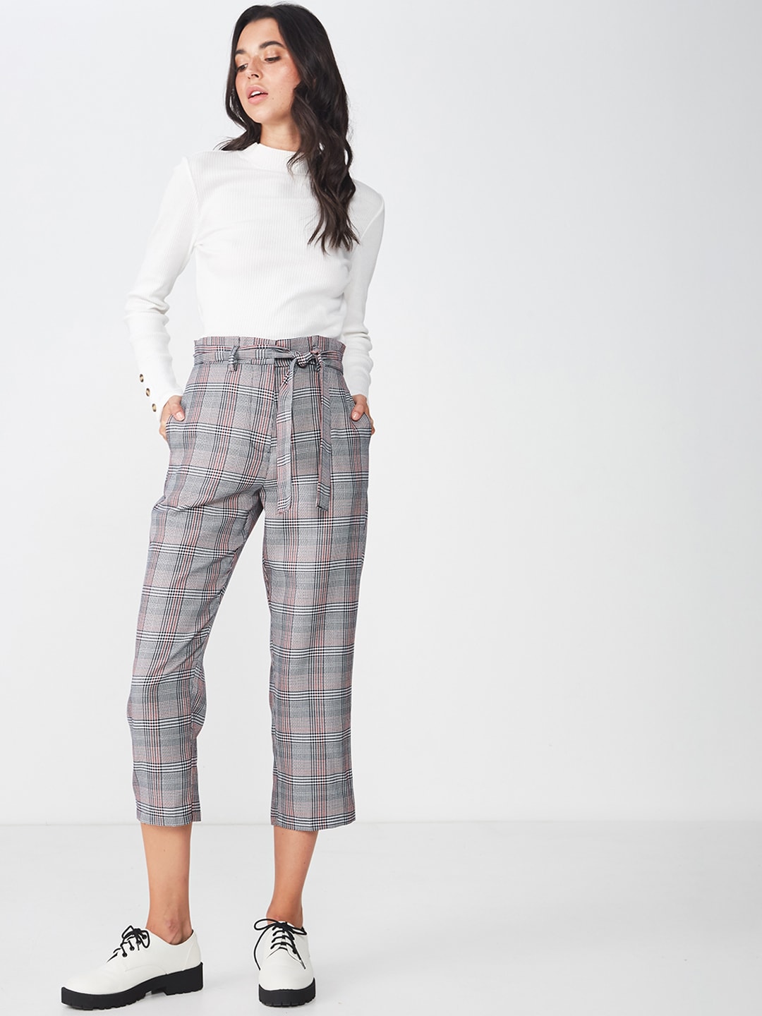 COTTON ON Women Black & Grey Slim Fit Checked Regular Trousers Price in India