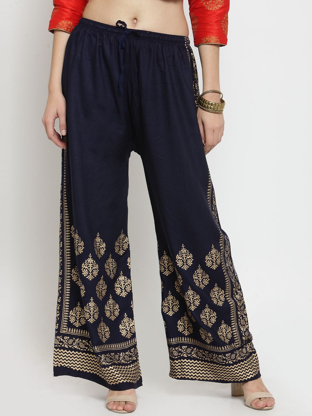 Clora Creations Navy Blue & Gold-Toned Printed Rayon Palazzo Price in India