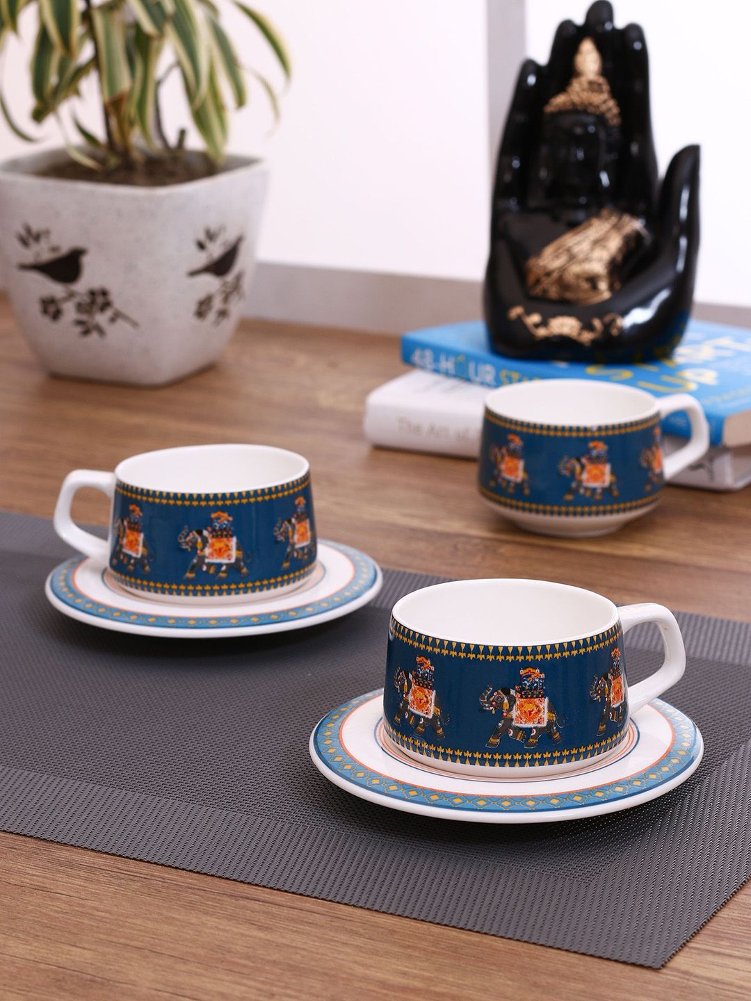 India Circus Set of 6 Blue & White Printed Bone China Cups and Saucers Price in India
