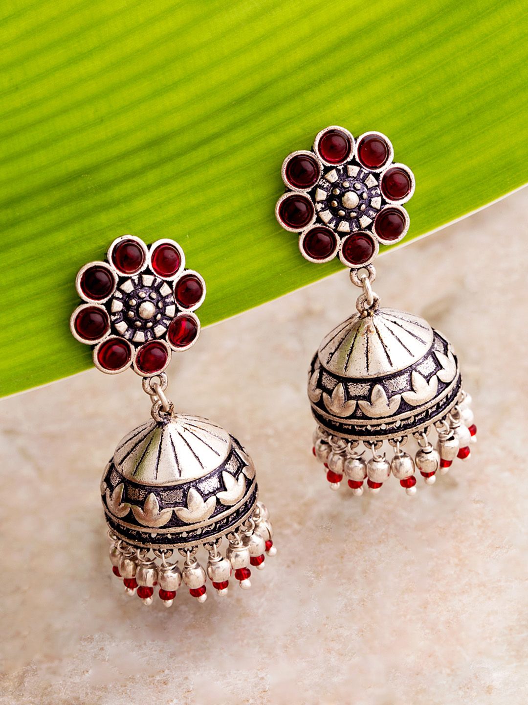 Voylla Maroon Oxidised Silver-Plated Handcrafted Dome Shaped Jhumkas Price in India