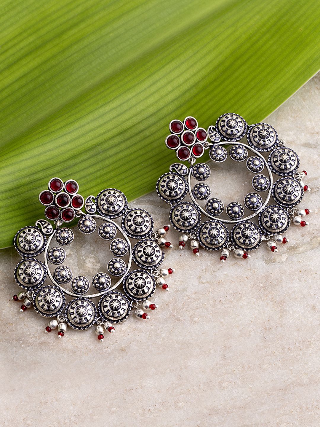 Voylla Maroon Silver-Plated Circular Handcrafted Drop Earrings Price in India