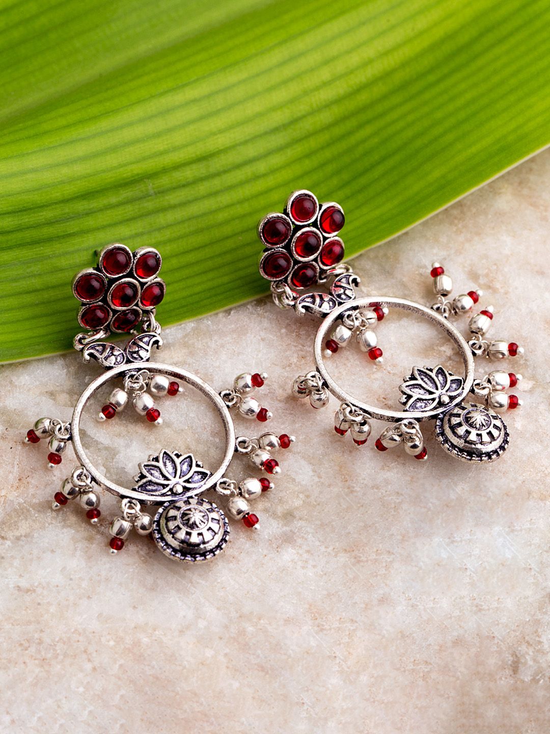 Voylla Oxidised Silver-Plated & Maroon Handcrafted Stone-Studded Circular Drop Earrings Price in India