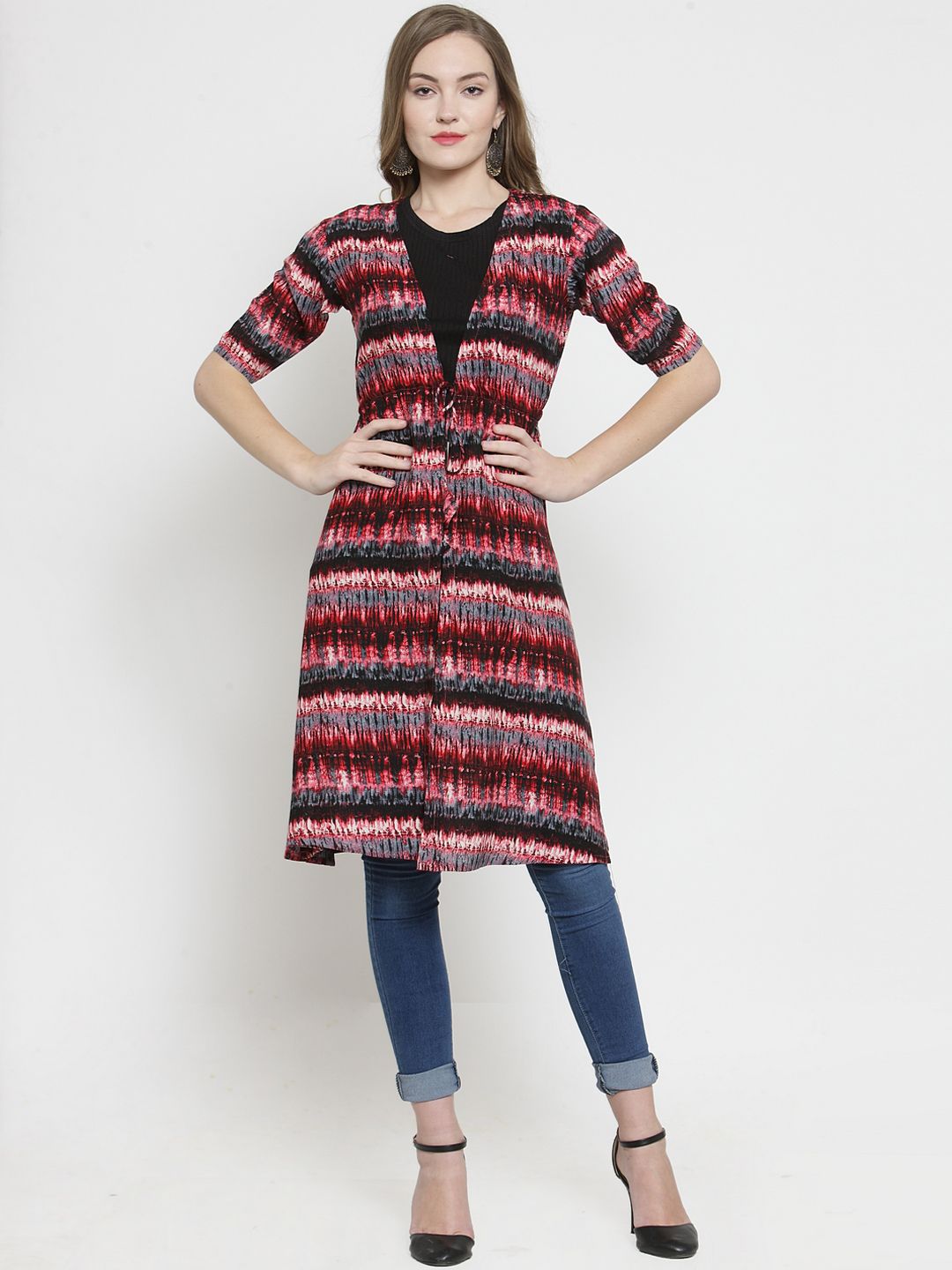 Indibelle Red Printed Open Front Shrug Price in India