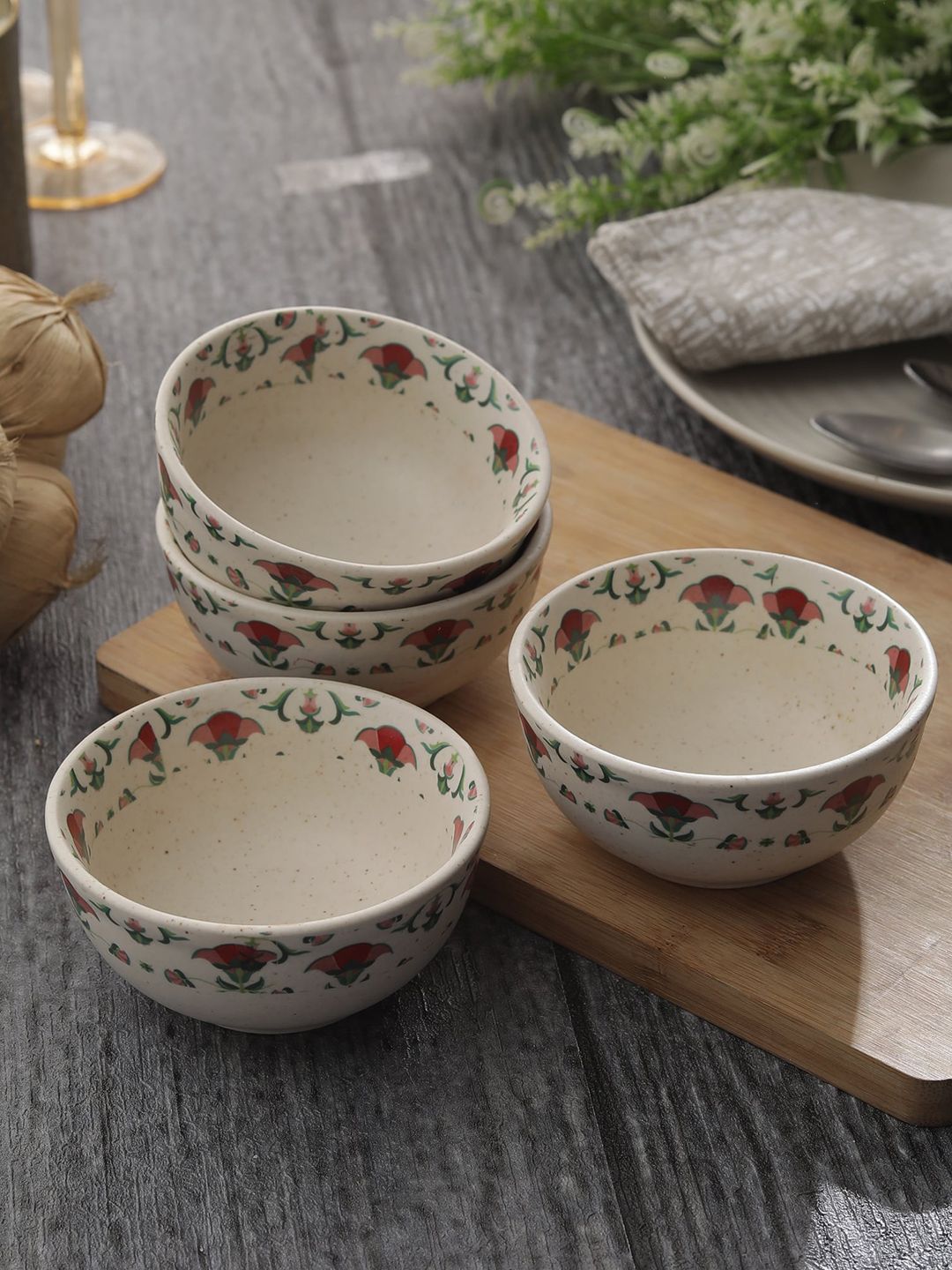 MIAH Decor Beige Set Of 4 Printed Ceramic Bowls Price in India