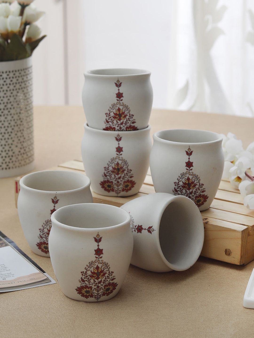 MIAH Decor Beige Set Of 6 Printed Ceramic Kullad Mugs Price in India