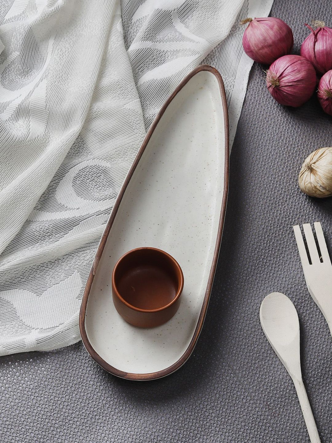 MIAH Decor Off-White & Brown Stoneware Platter with Dip Bowl Price in India