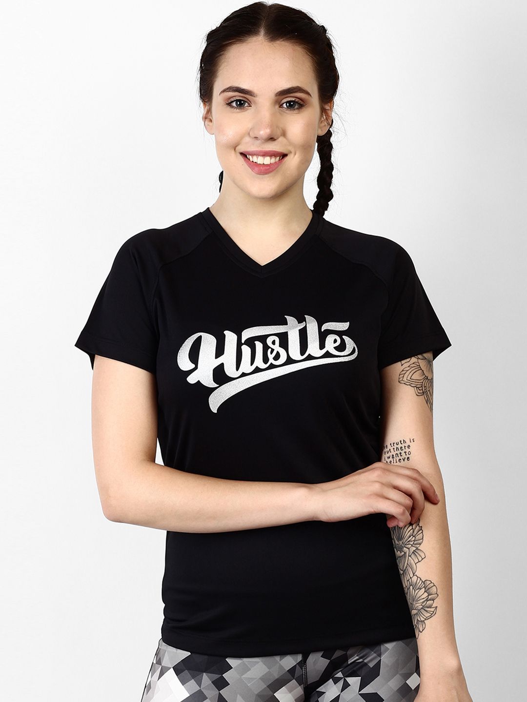OFF LIMITS Women Black Printed V-Neck T-shirt Price in India