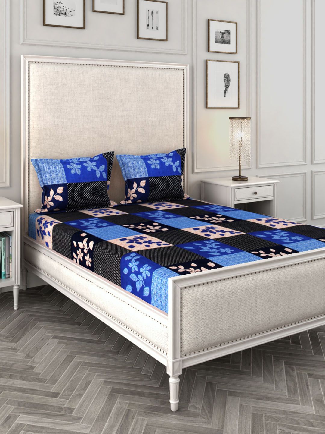 ROMEE Blue & Black Floral 144 TC Cotton 1 King Bedsheet with 2 Pillow Covers Price in India