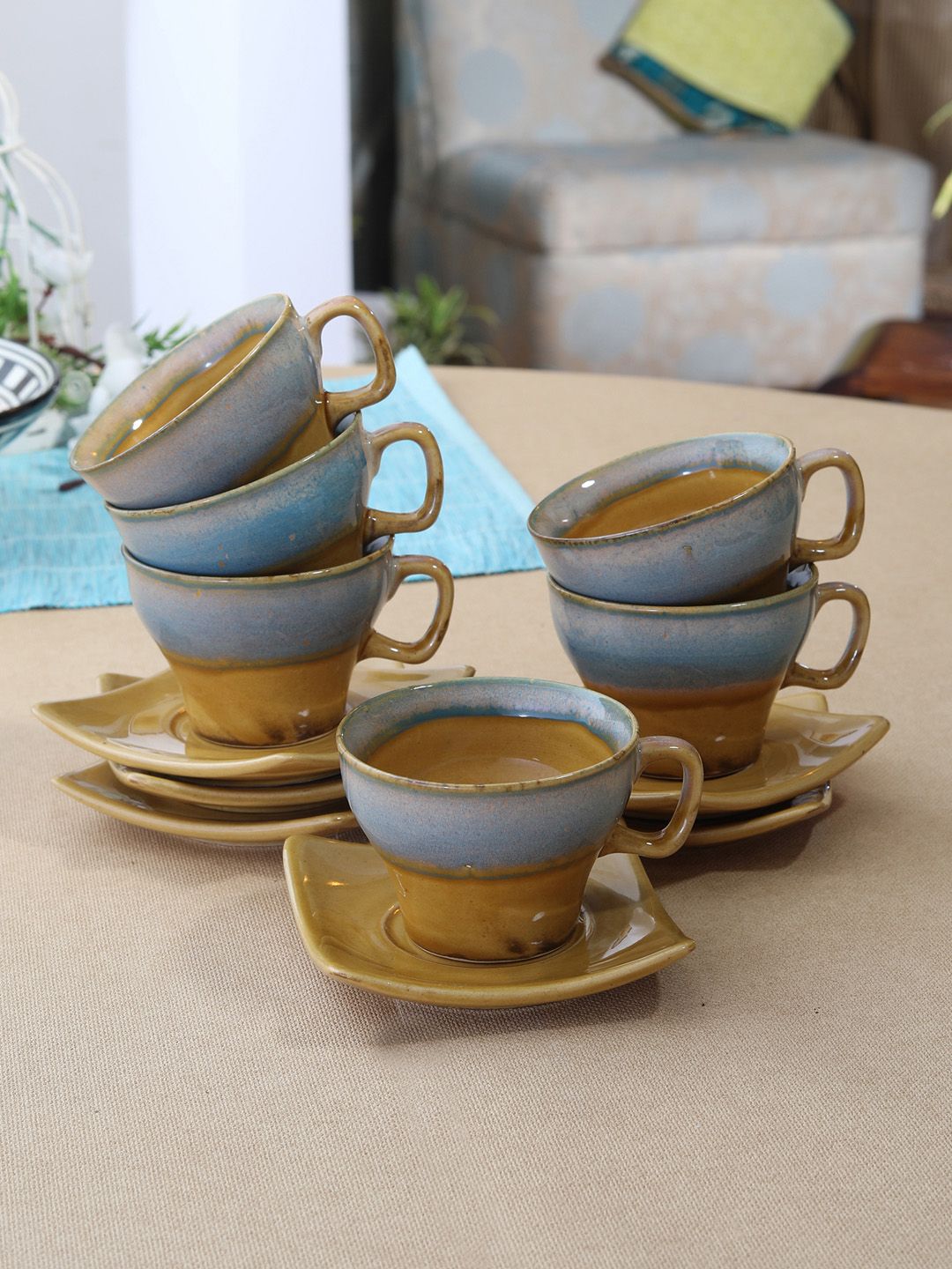 MIAH Decor Brown & Blue Set of 6 Printed Ceramic Cups and Saucers Price in India