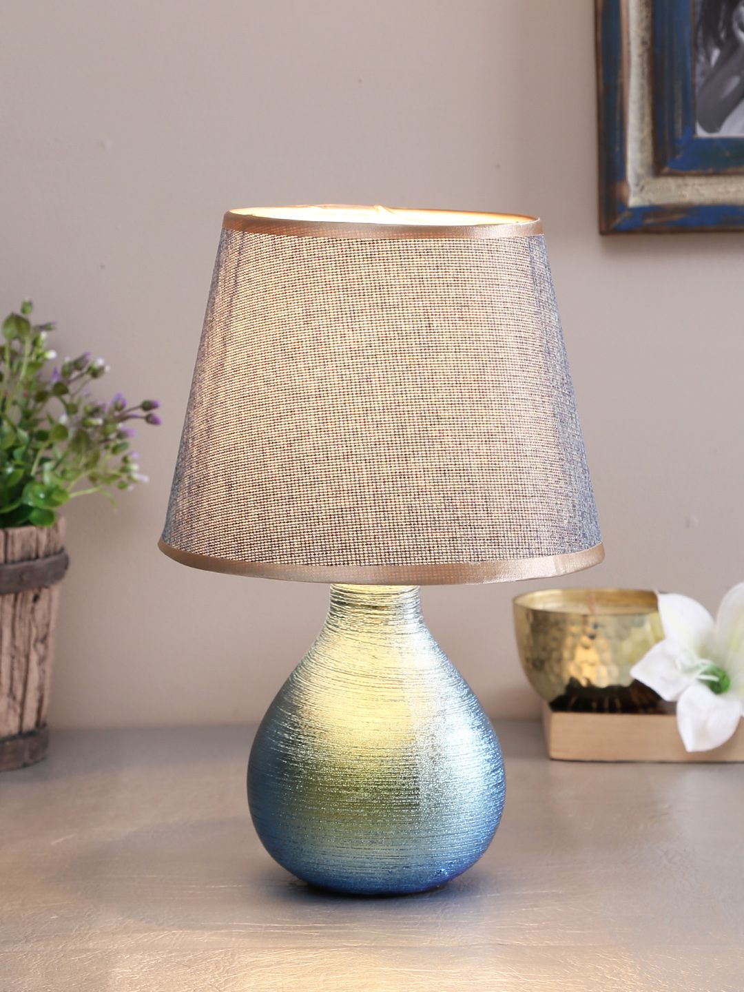 TAYHAA Unisex Blue Solid Bedside Standard Table Lamp Price in India