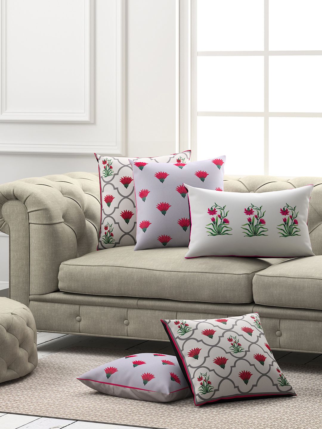 SEJ by Nisha Gupta Pink & Grey Set of 5 Floral Square Cushion Covers Price in India