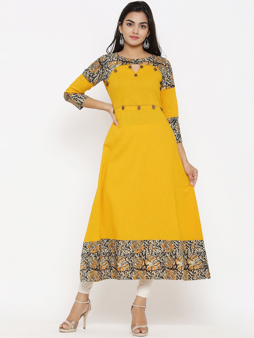 YASH GALLERY Women Yellow & Brown Printed A-Line Kurta Price in India