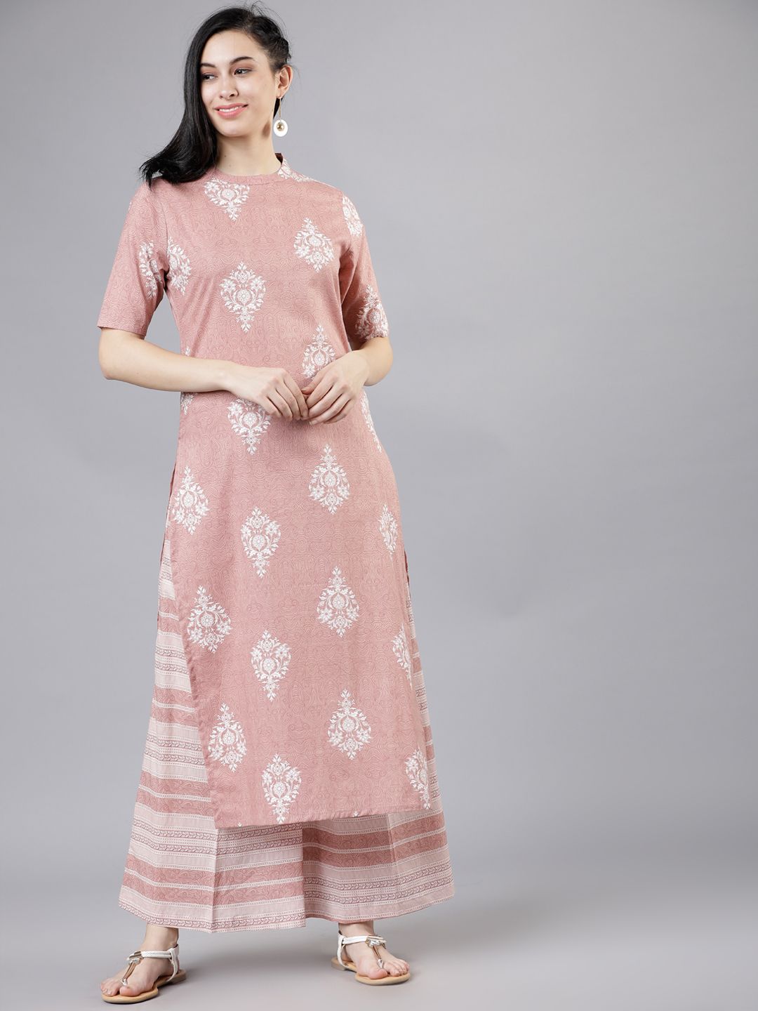 Vishudh Women Pink & Off-White Printed Kurta with Palazzos