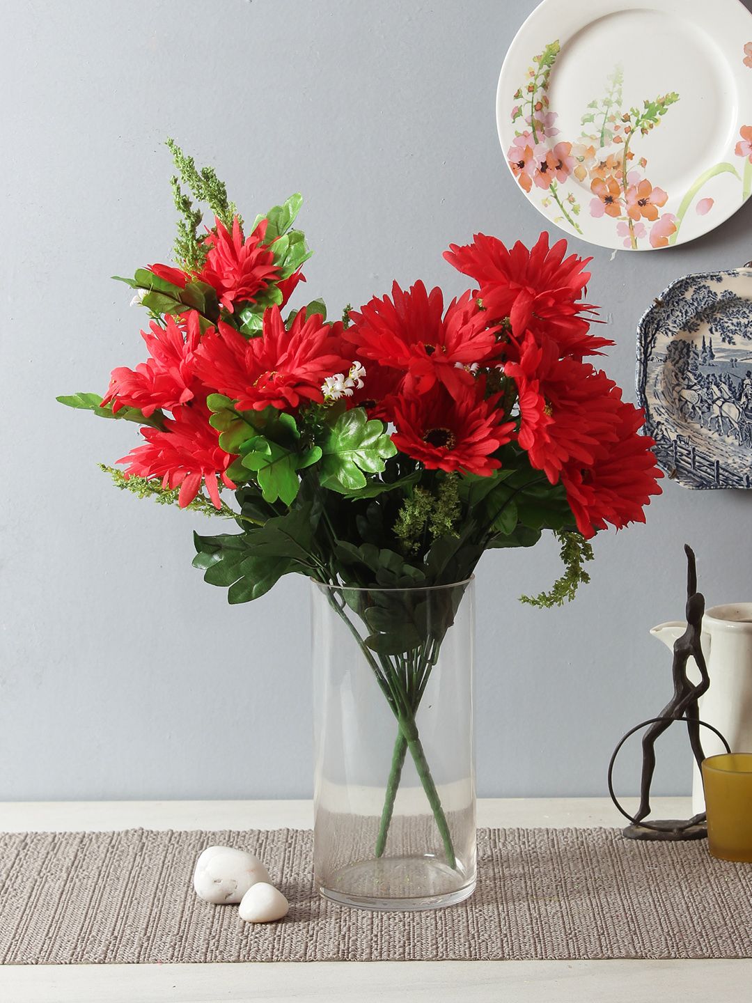 Fourwalls Set of 2 Red & Green Artificial Gerbera Flower Bunches without Pot Price in India
