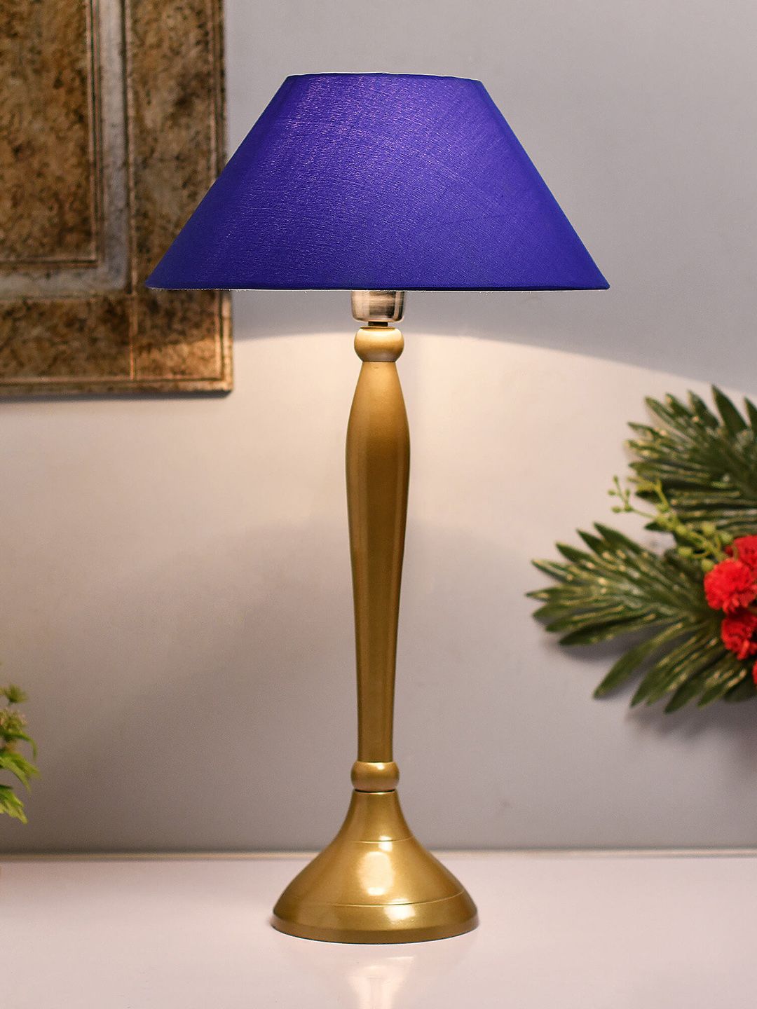 Homesake Gold-Toned & Blue Solid Handcrafted Royal Ovoid Bedside Standard Lamp Price in India