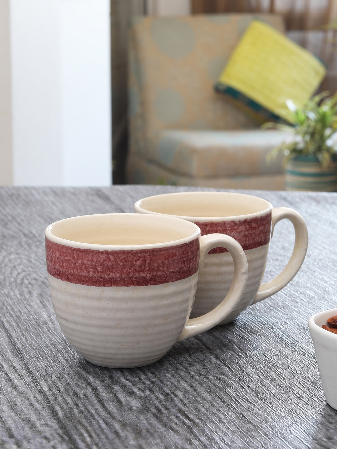 MIAH Decor Off-White & Maroon 2-Pieces Printed Ceramic Tea Cups Set Price in India