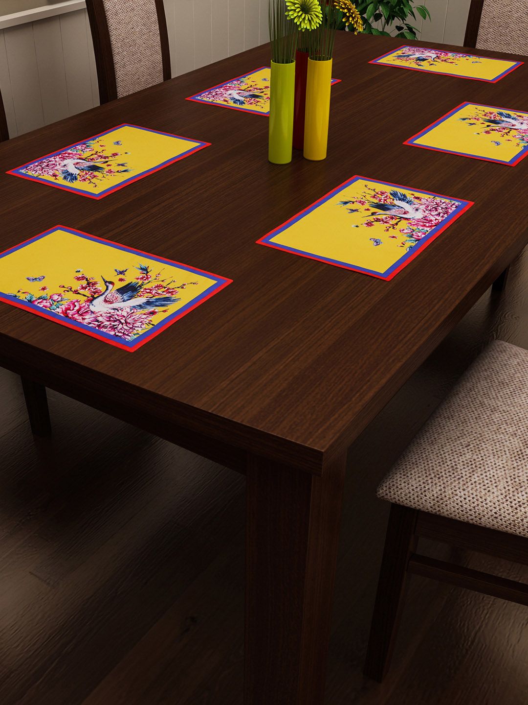 SEJ by Nisha Gupta Set of 6 Mustard & Pink Printed Table Placemats Price in India