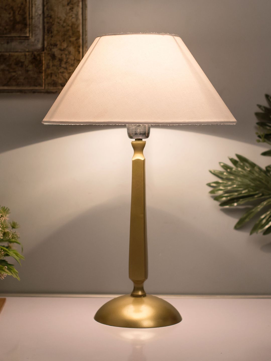 Homesake Gold-Toned & White Solid Handcrafted Classic Cubist Frustum Bedside Standard Lamp Price in India