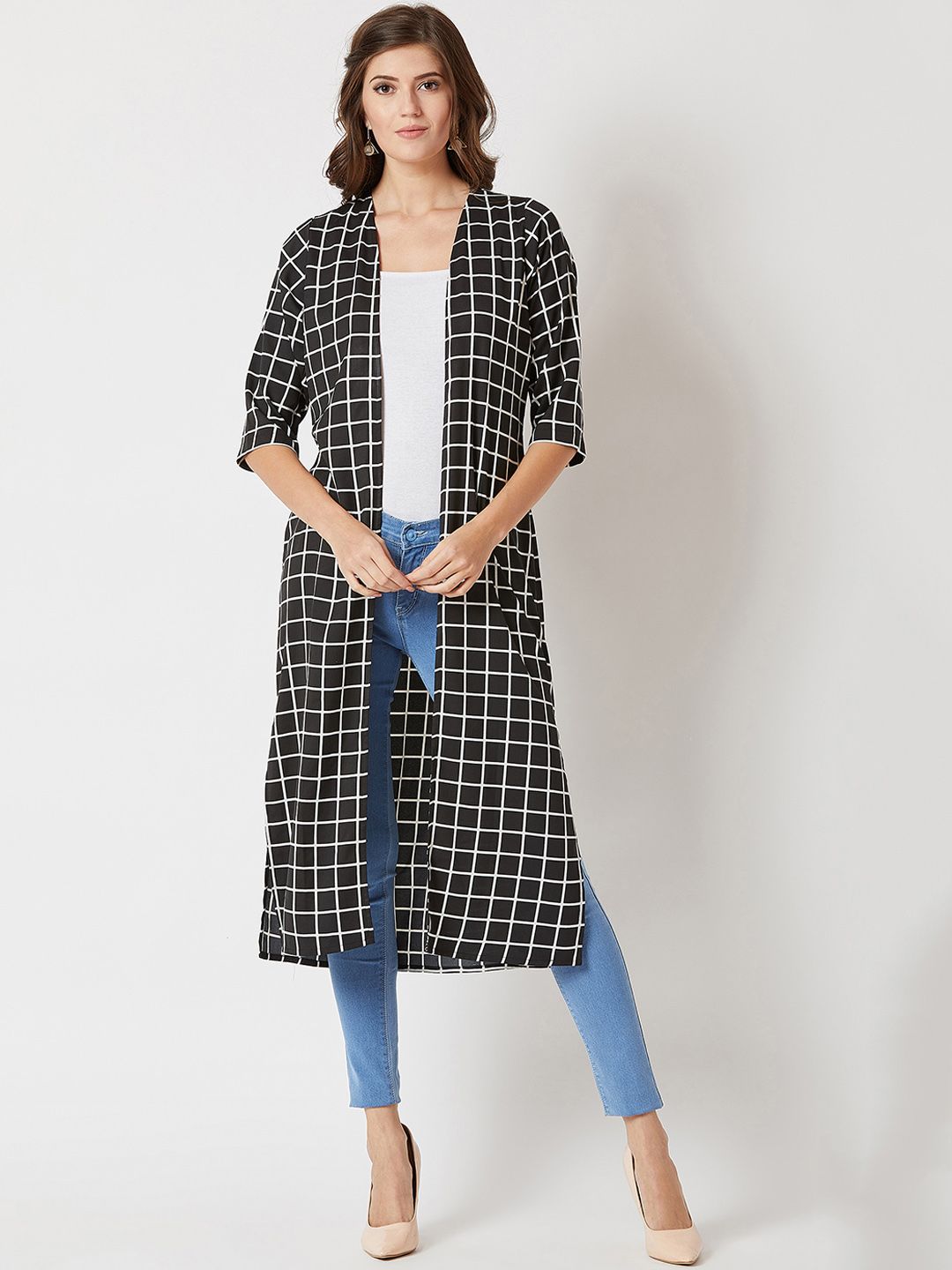 Miss Chase Women Black & White Checked Open Front Longline Shrug Price in India