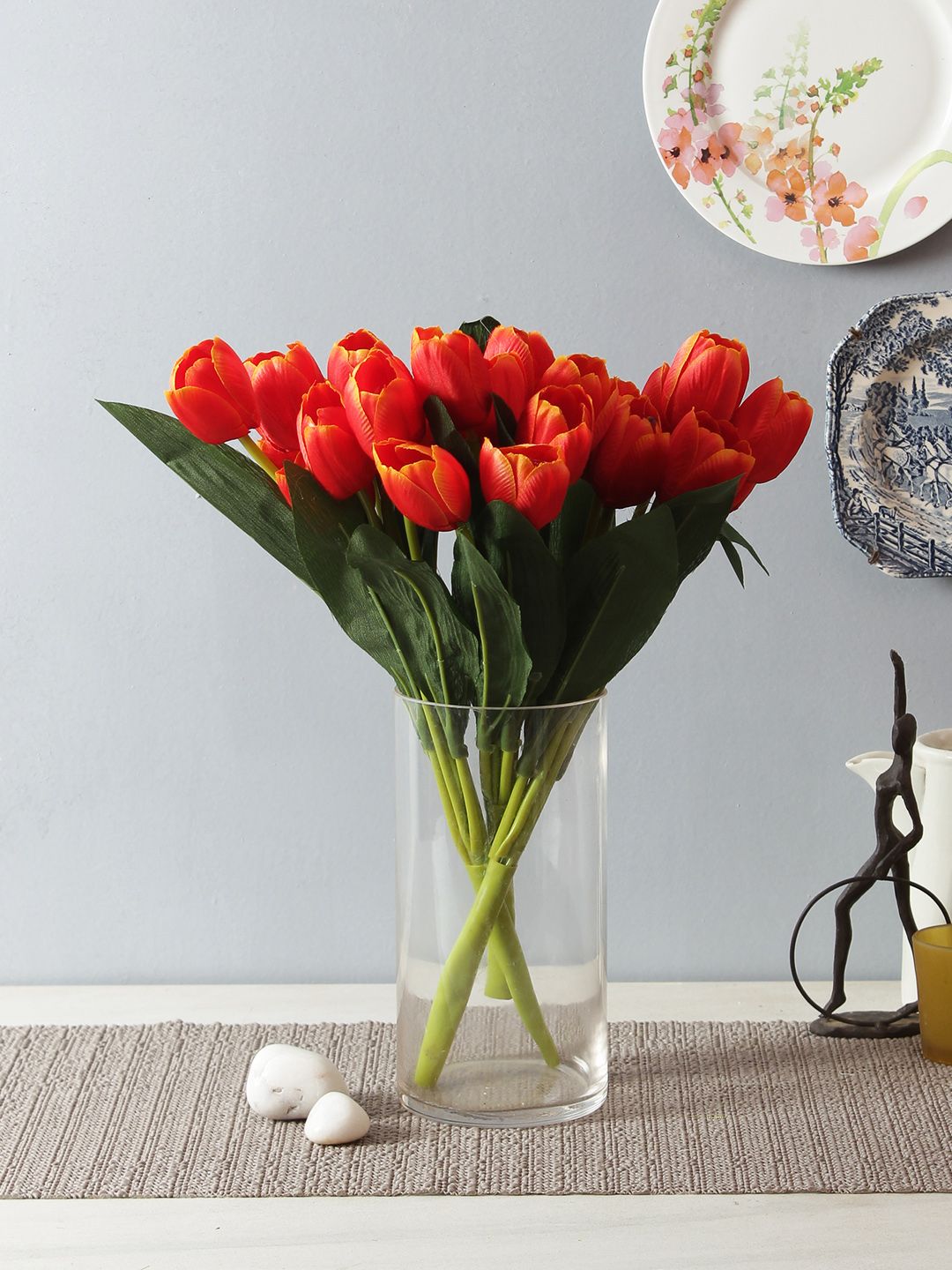 Fourwalls Set of 3 Orange & Green Artificial Tulip Flower Bunches Without Pot Price in India