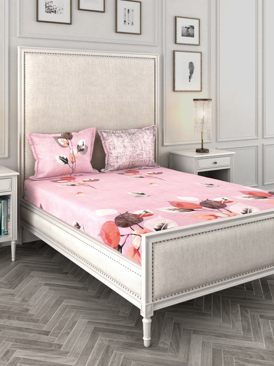 Story@home Pink Floral 210 TC Cotton 1 King Bedsheet with 2 Pillow Covers Price in India