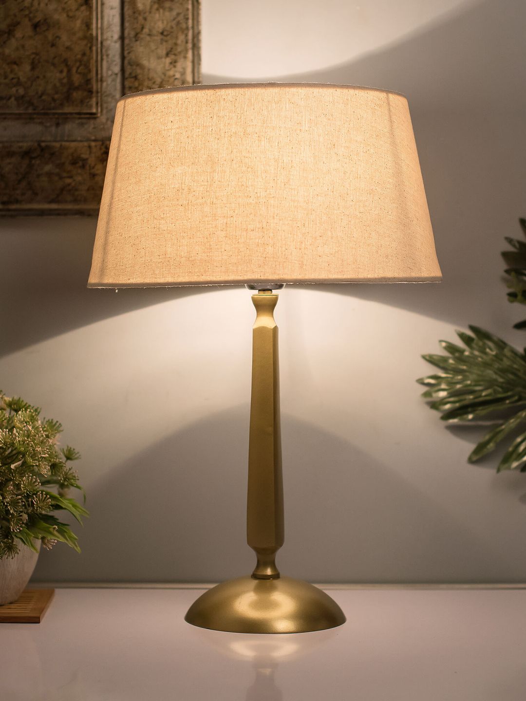 Homesake Gold-Toned & White Solid Handcrafted Classic Cubist Bedside Standard Lamp Price in India