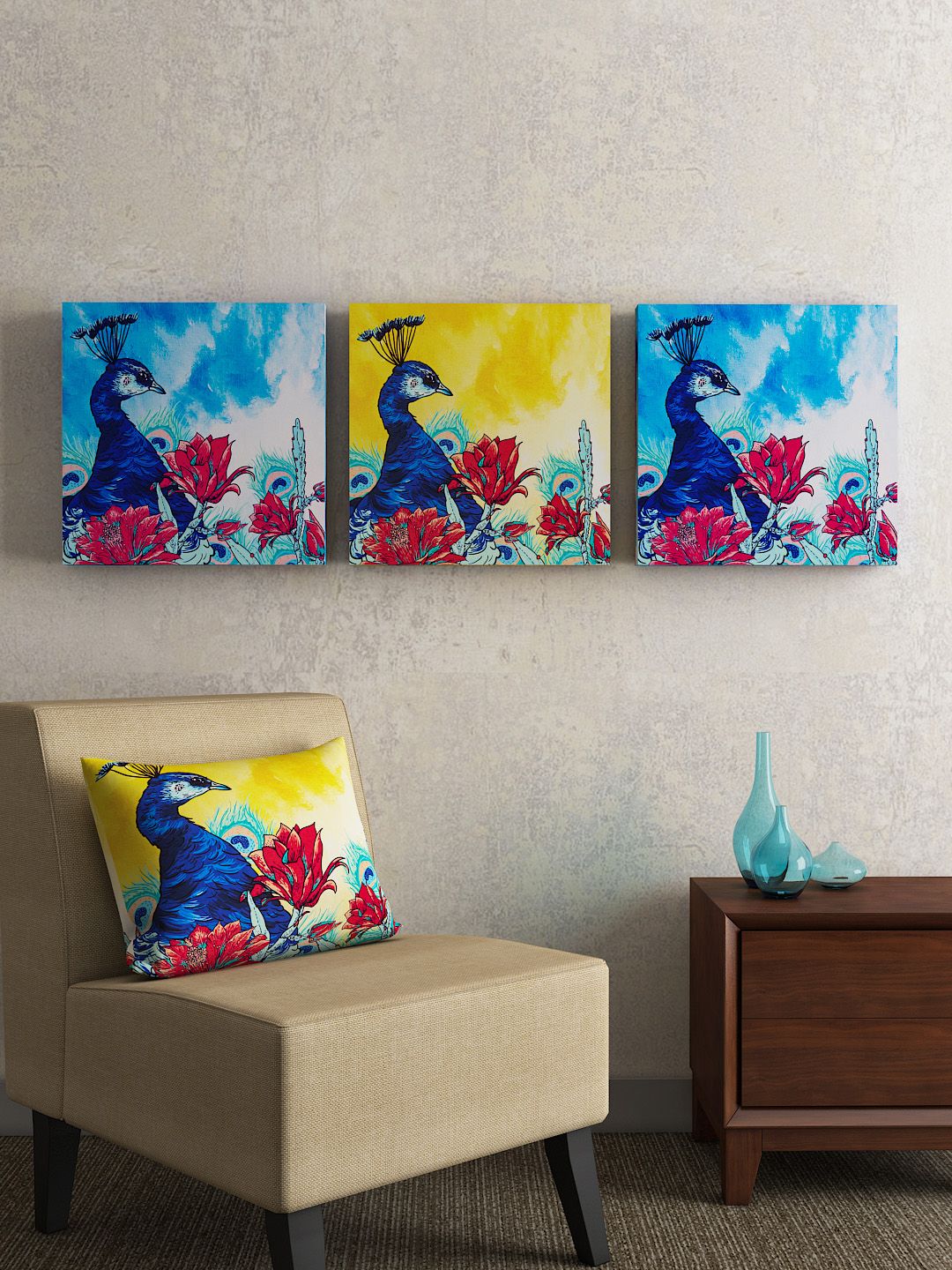 SEJ by Nisha Gupta Set of 3 Multicolored Framed Wall Painting Price in India