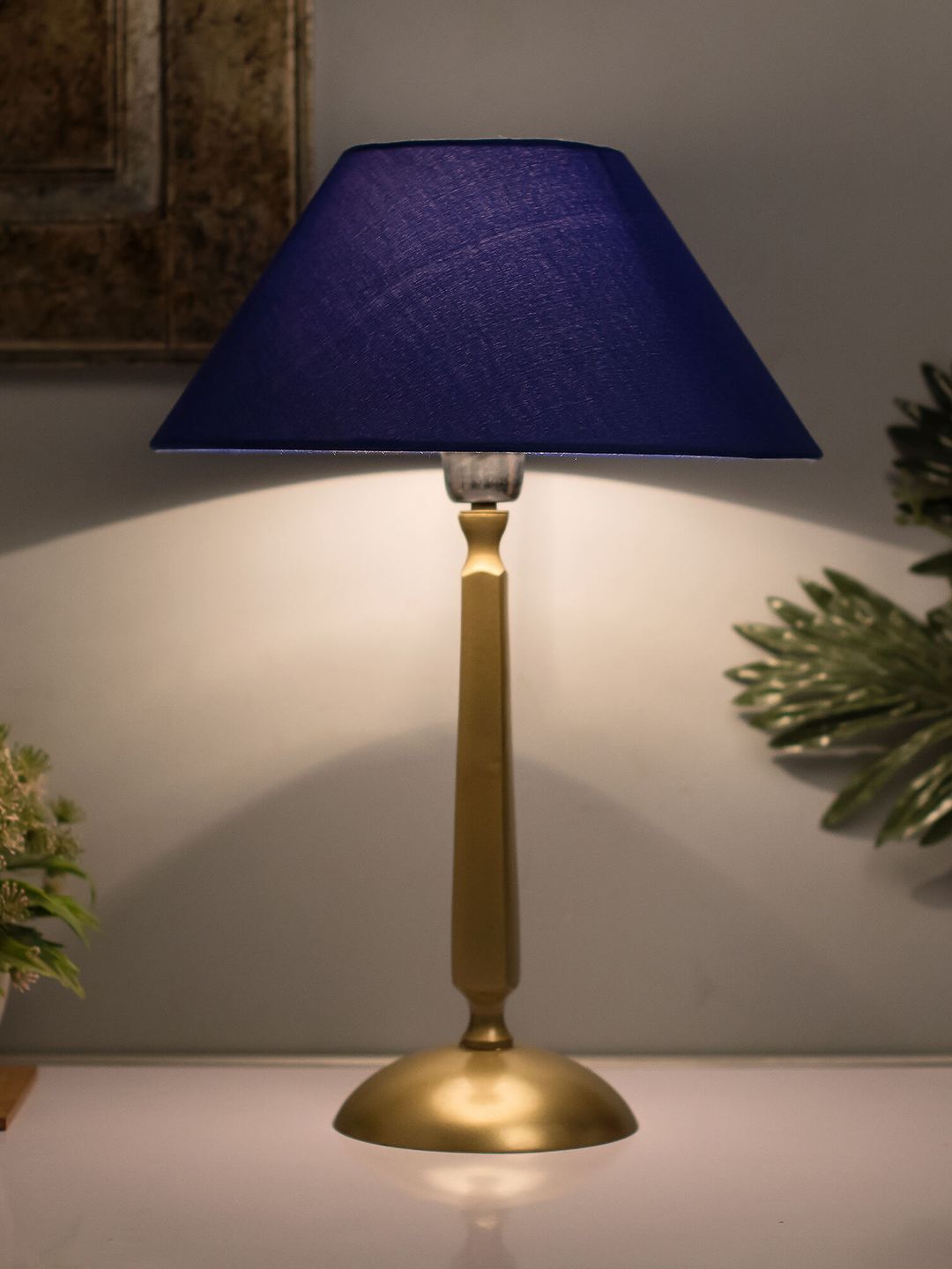 Homesake Gold-Toned & Navy Blue Solid Handcrafted Classic Cubist Bedside Standard Lamp Price in India