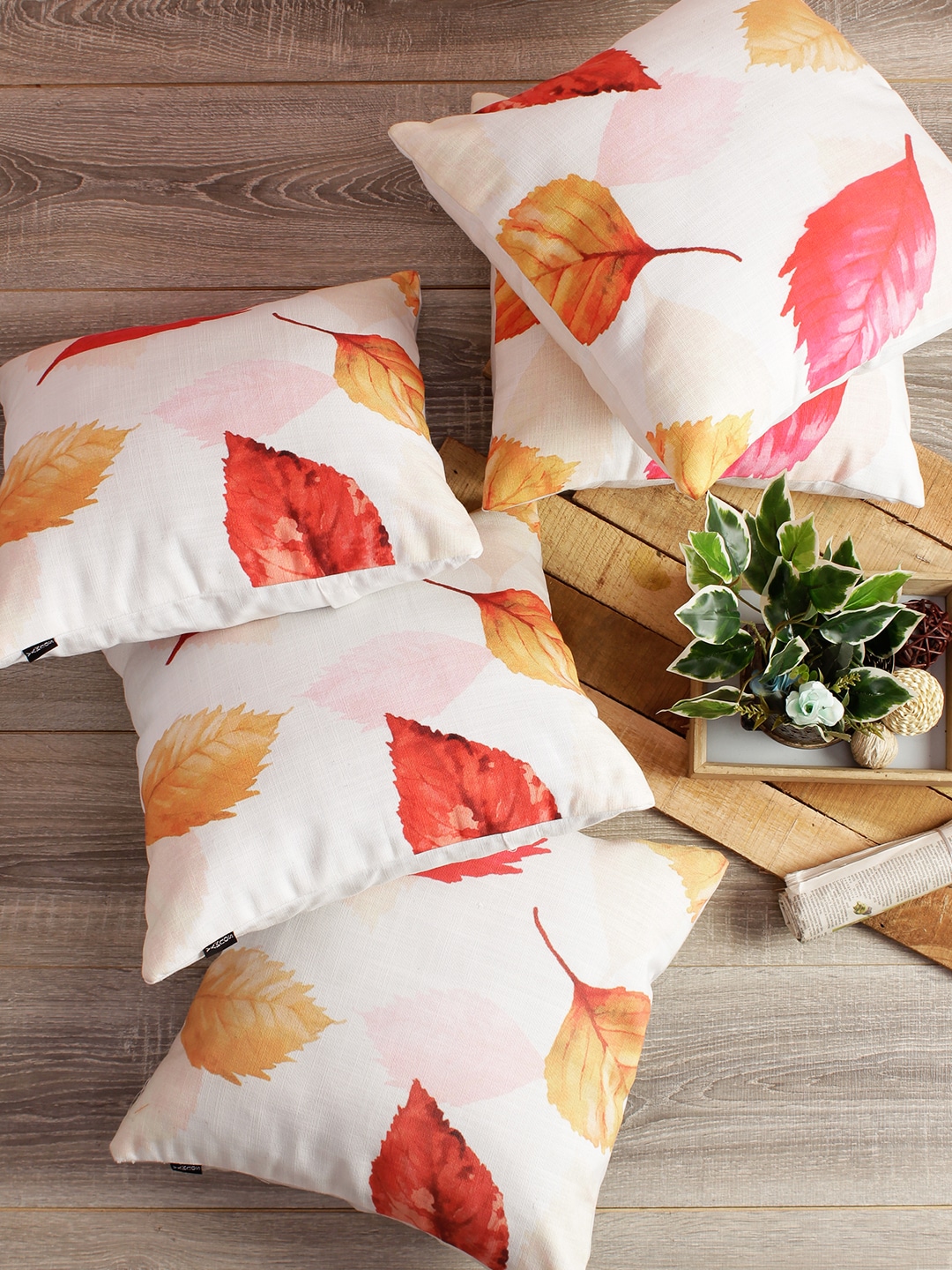 Soumya Red & White Set of 5 Self Design Square Cushion Covers Price in India