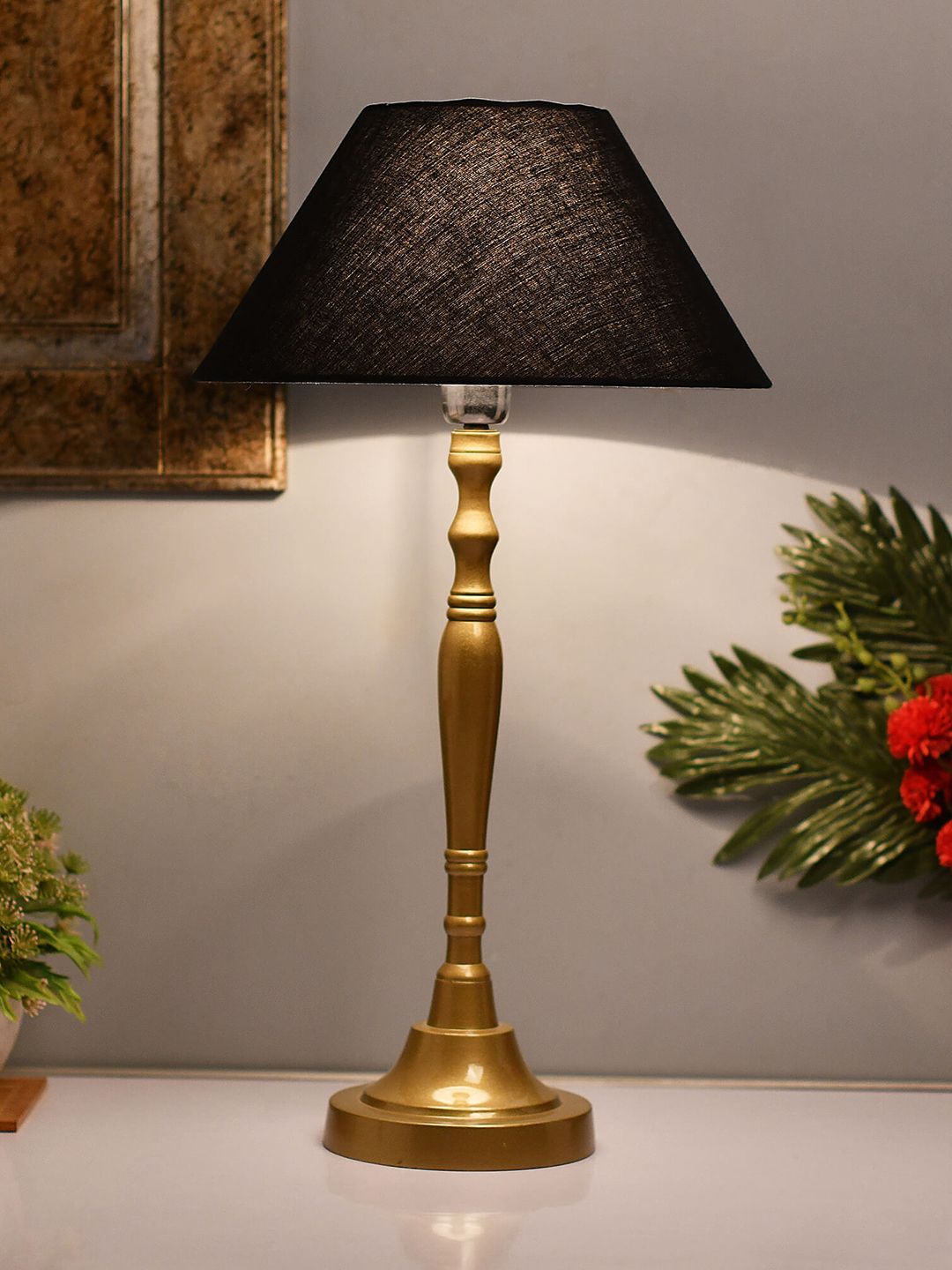 Homesake Gold-Toned & Navy Blue Solid Handcrafted Bedside Standard Lamp Price in India
