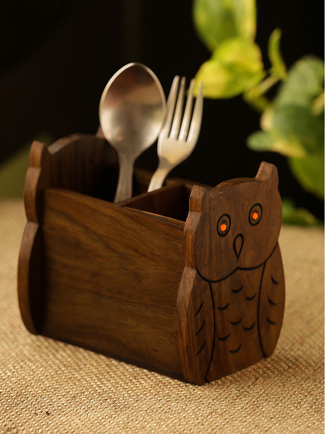 ExclusiveLane Brown Wooden Handcrafted  Owl Motif Cutlery Holder Price in India