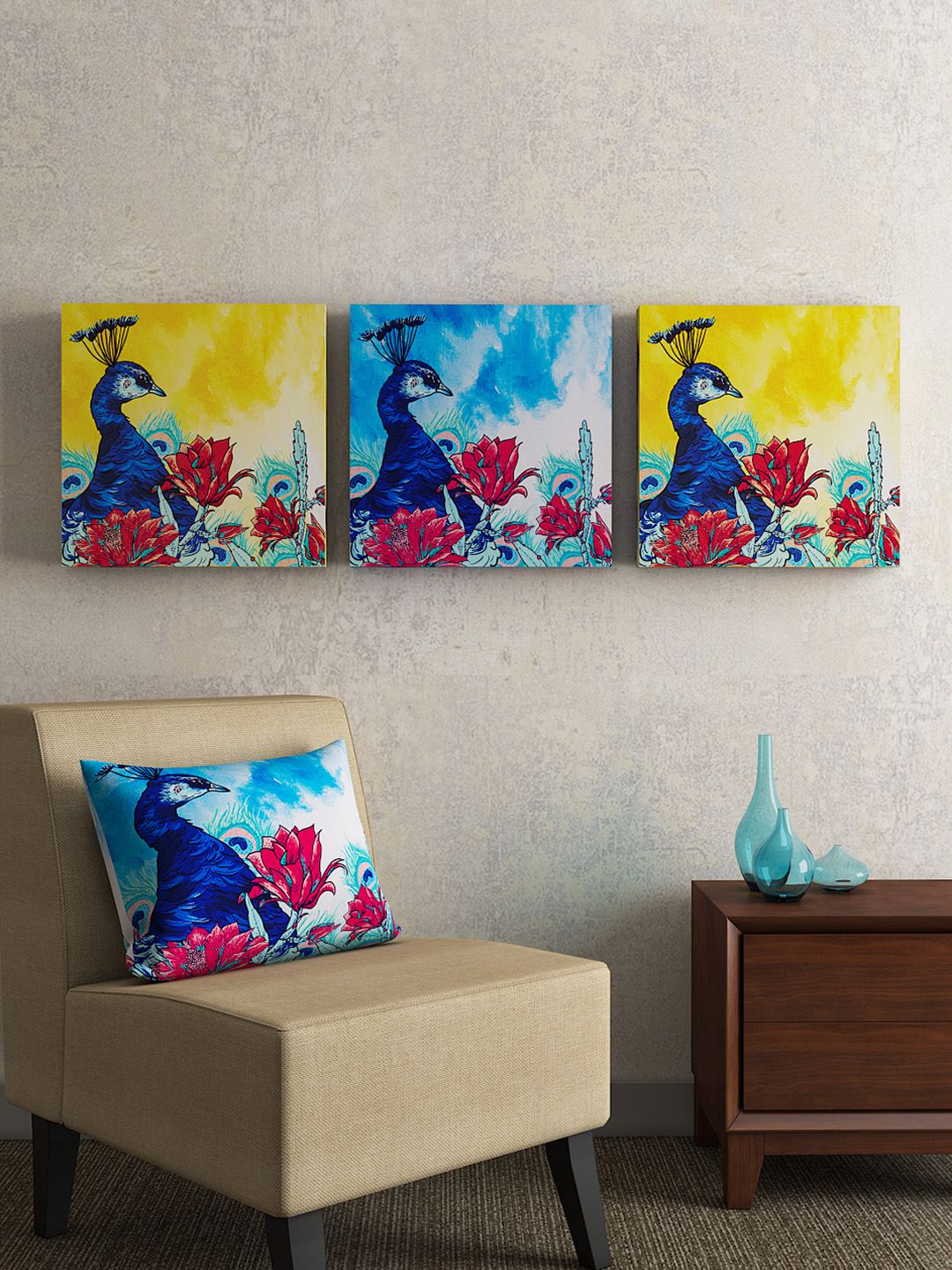 SEJ by Nisha Gupta Set of 3 Multicolored Framed Wall Painting Price in India