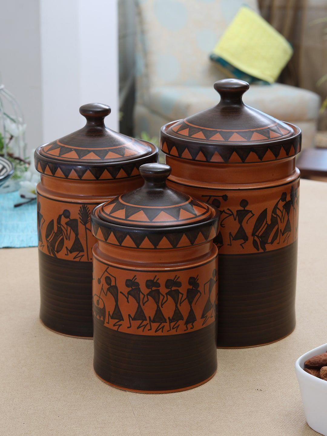 MIAH Decor Brown Set of 3 Printed Ceramic Art Storage Jar Price in India