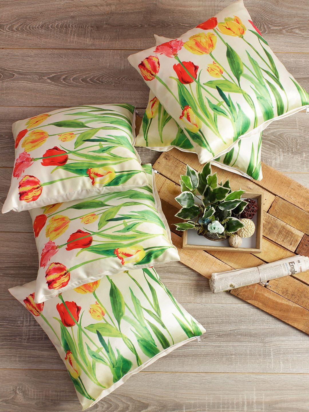 Soumya Cream-Coloured & Green Set of 5 Floral Square Cushion Covers Price in India