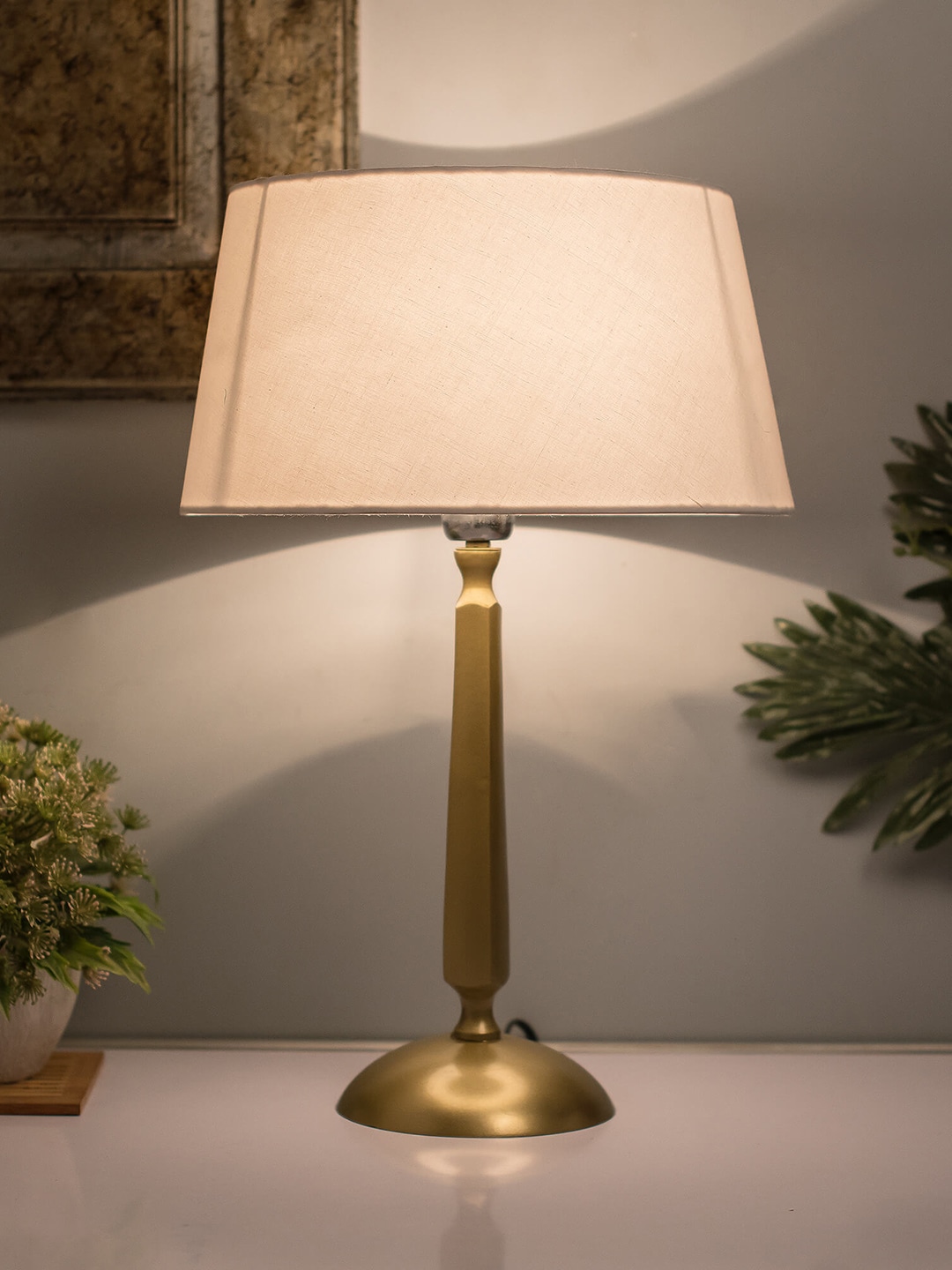 Homesake Gold-Toned & White Solid Handcrafted Classic Cubist Bedside Standard Lamp Price in India