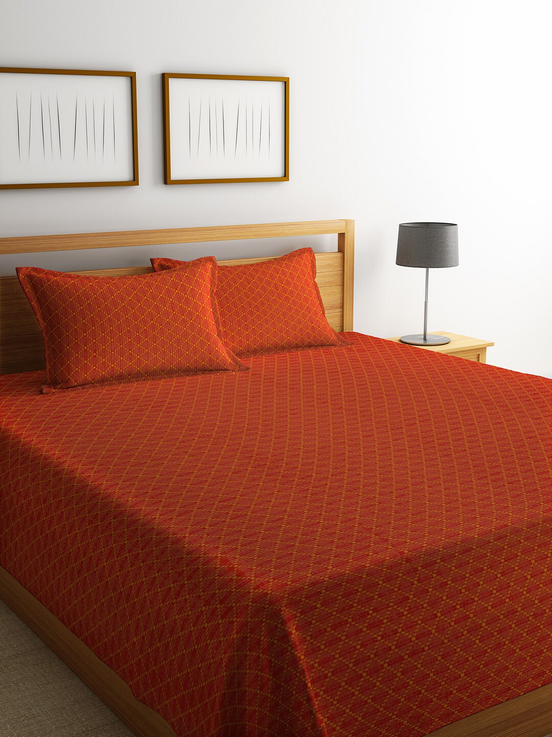 Soumya Rust Red Printed Double Bed Cover with 2 Pillow Covers Price in India