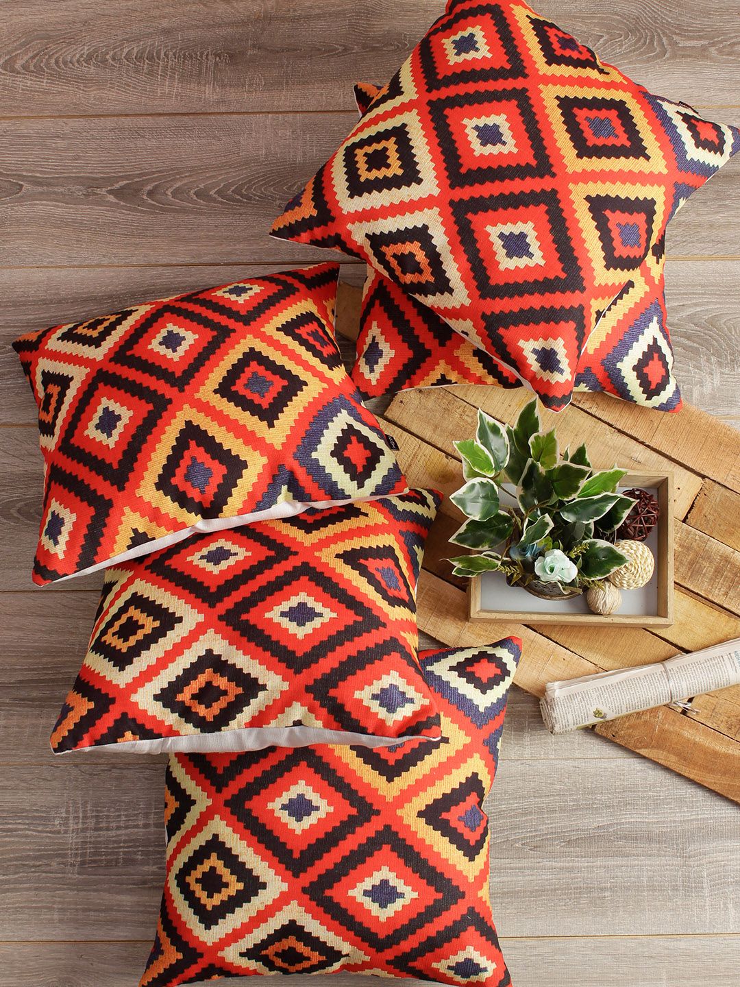 Soumya Orange & Black Set of 5 Geometric Square Cushion Covers Price in India