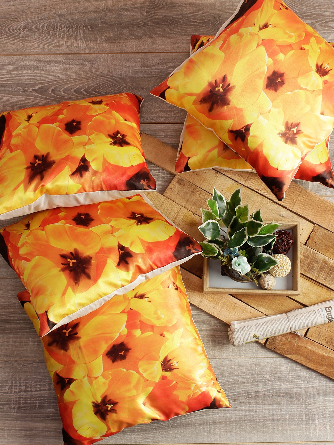Soumya Yellow Set of 5 Floral Square Cushion Covers Price in India