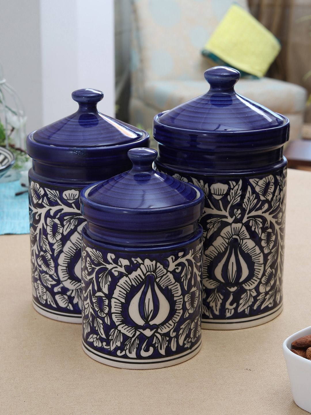 MIAH Decor Set of 3 Blue & Off-White Handpainted Kitchen Storage Jars with Lids Price in India