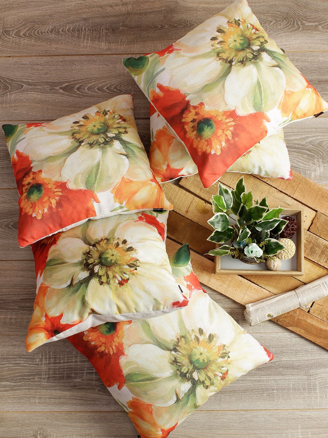Soumya Multicoloured Set of 5 Floral Square Cushion Covers Price in India