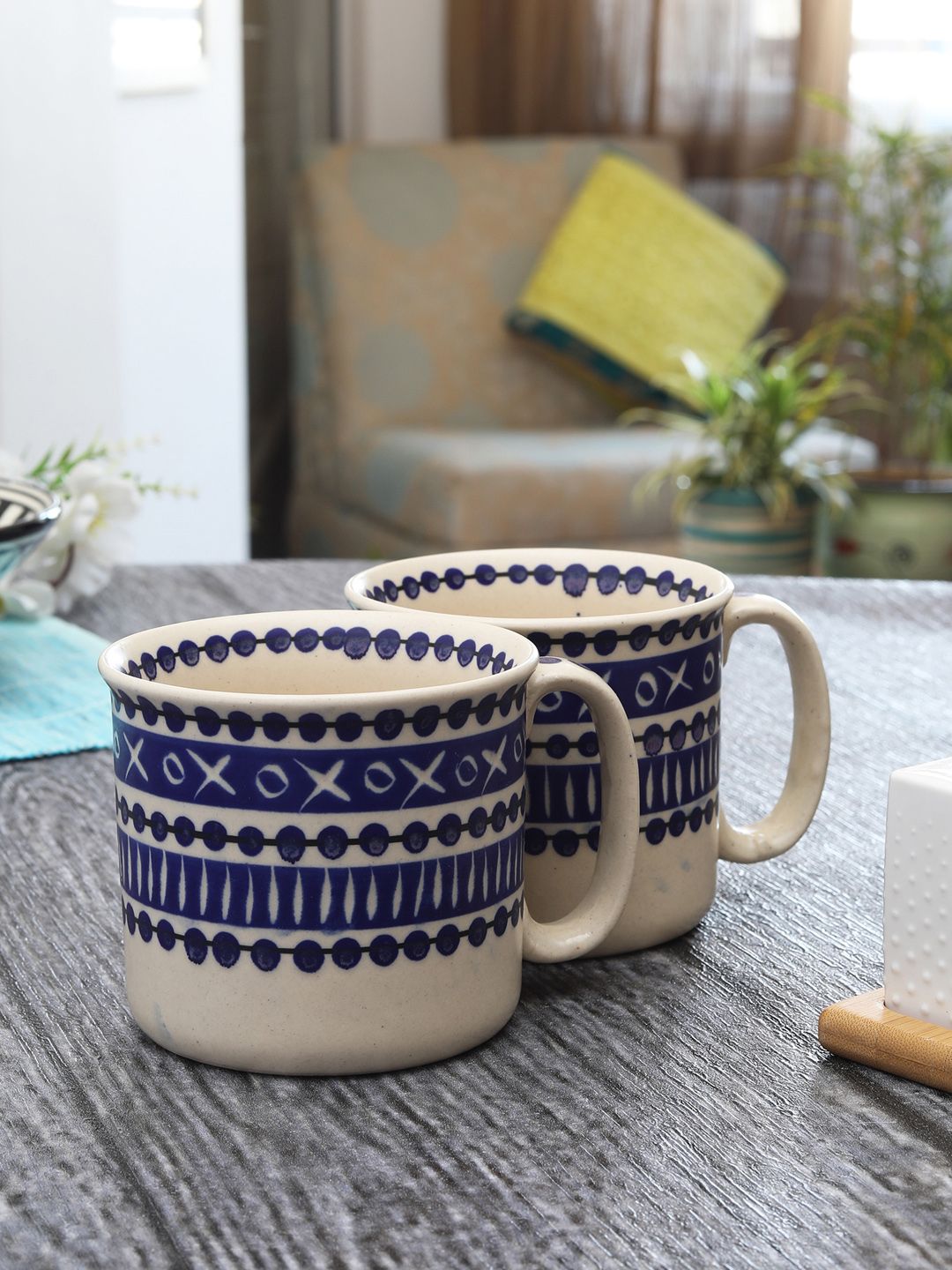 MIAH Decor Off-White & Navy Blue Set of 2 Handpainted Ceramic Coffee Mugs Price in India