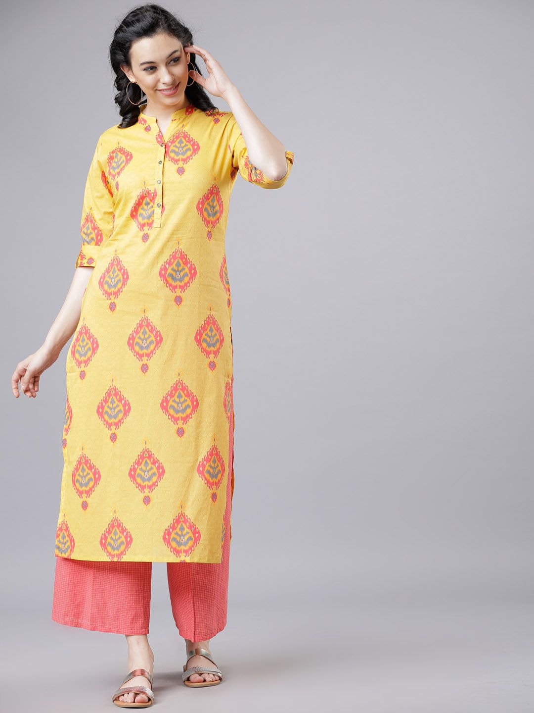 Vishudh Women Yellow & Red Printed Kurta with Palazzos Price in India