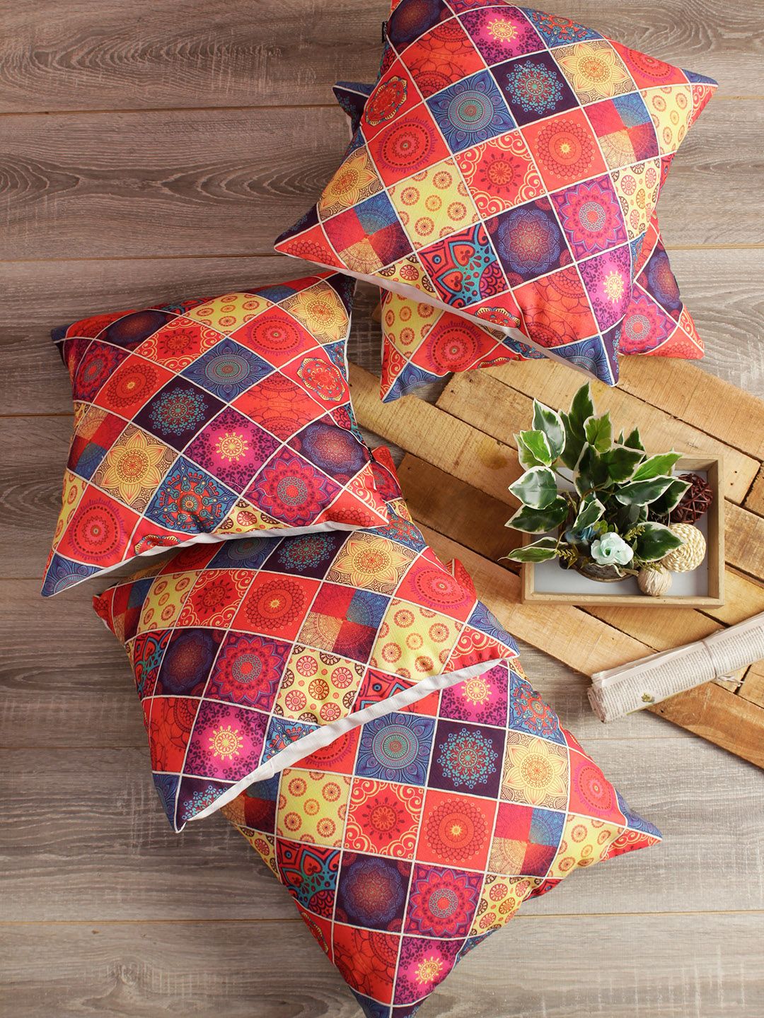 Soumya Multicoloured Set of 5 Self Design Square Linen Cushion Covers Price in India