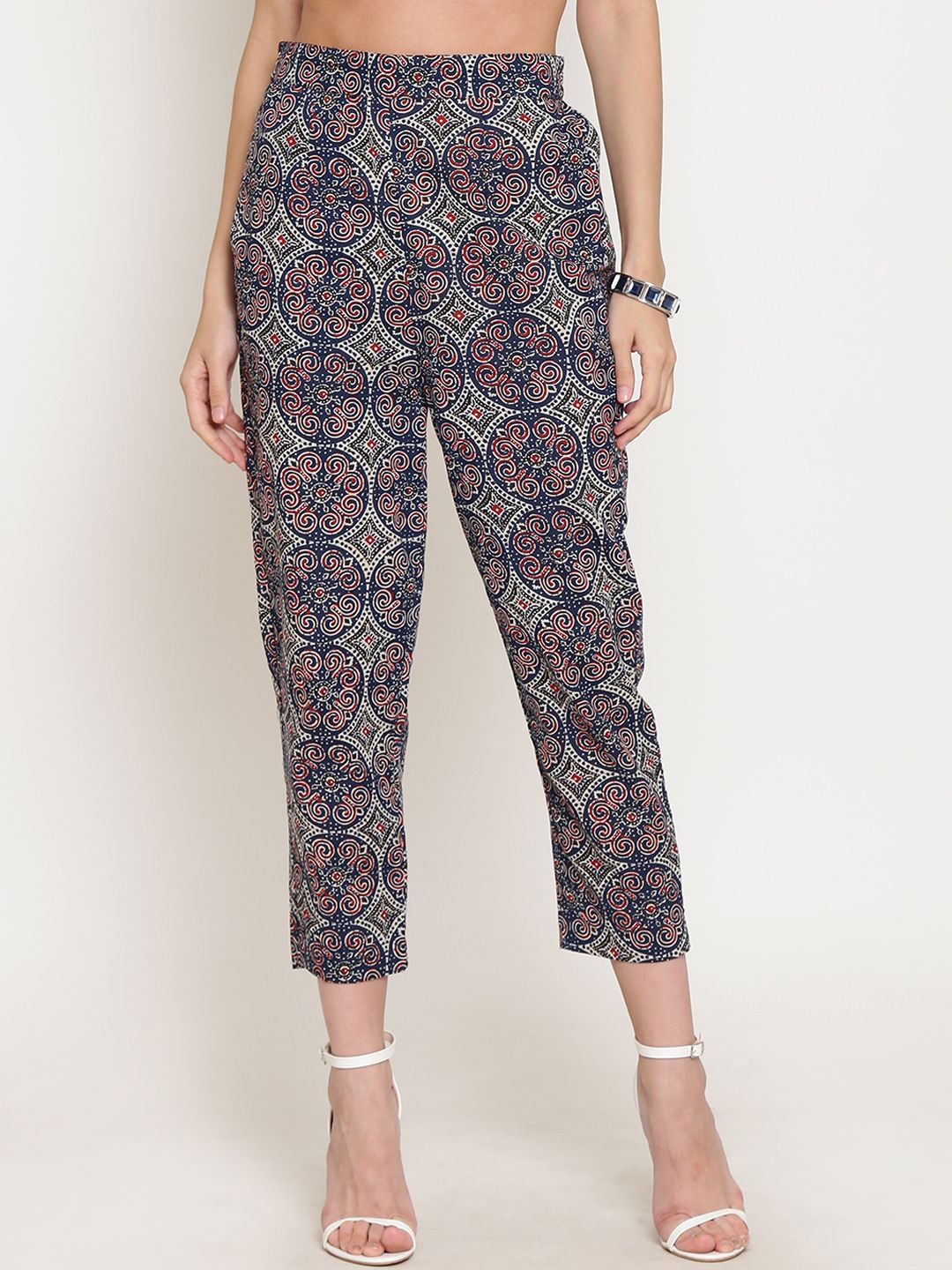 Sera Women Navy Blue Straight Fit Printed Cigarette Trousers Price in India