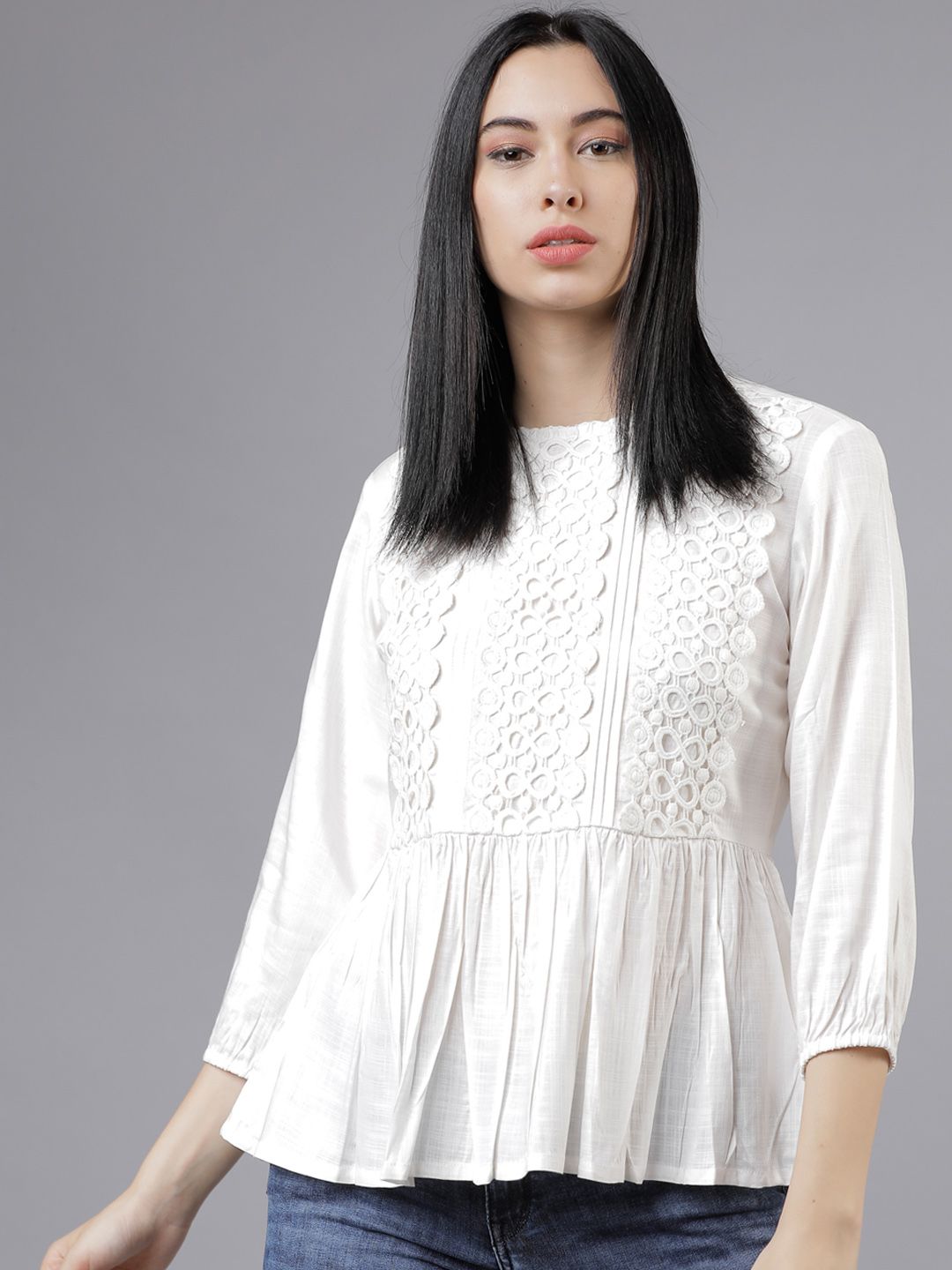 Tokyo Talkies Women White Solid Peplum Top