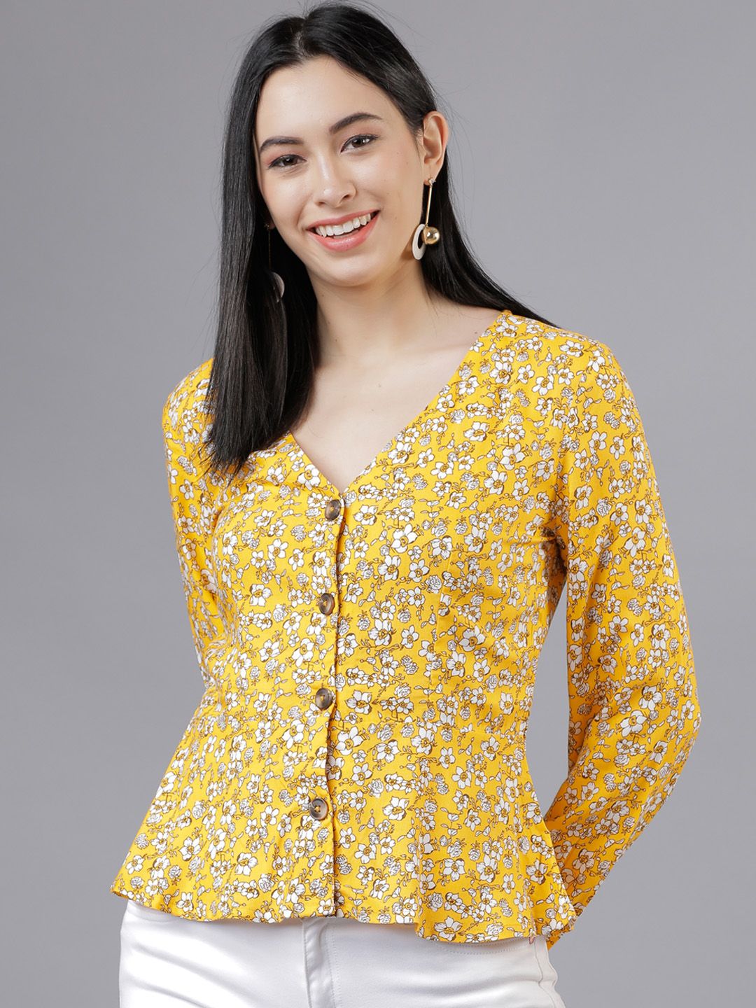 Tokyo Talkies Women Yellow Floral Printed Peplum Top Price in India