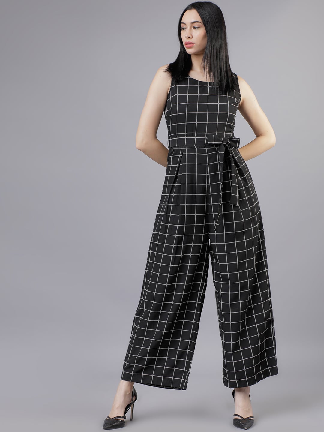 Tokyo Talkies Women Black & White Checked Basic Jumpsuit with Belt Price in India