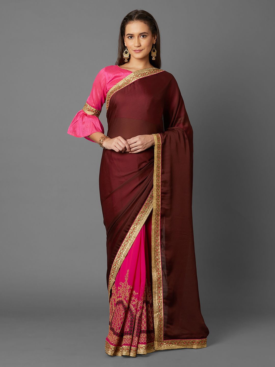 Mitera Maroon & Pink Poly Georgette Solid Saree Price in India